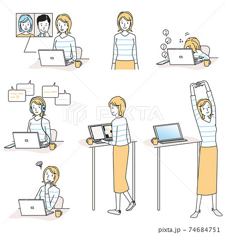 家でテレワークをする若い女性 いろいろ 家でテレワークをする若い女性 いろいろ 74684751