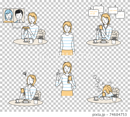 Various young women teleworking at a cafe 74684753