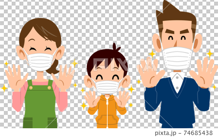 手洗いをしてマスクをつけた笑顔の家族の上半身 手洗いをしてマスクをつけた笑顔の家族の上半身 74685438
