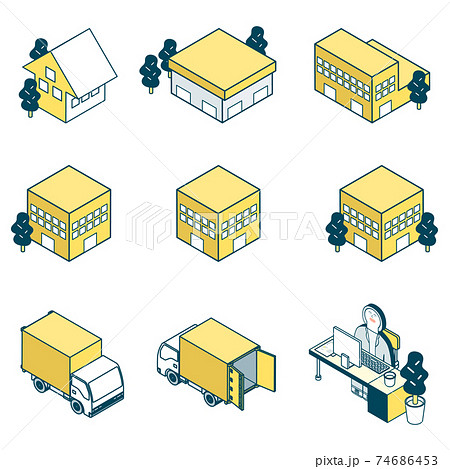 建物とトラック＆デスクワークの女性 74686453