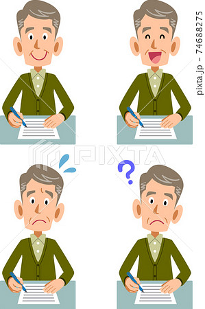 書類に記入するシニアの男性の様々な表情 書類に記入するシニアの男性の様々な表情 74688275