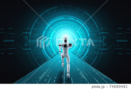 Running robot humanoid showing fast movement and vital energy Running robot humanoid showing fast movement and vital energy 74689481