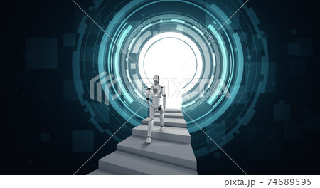 3D rendering robot humanoid walk up stair to success 74689595