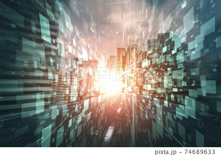 Digital data flow on road with motion blur to create vision of fast speed transfer 74689633