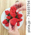 close-up outdoors in the summer hold in your hand one beautiful aromatic ripe strawberry, sunlight 74689794