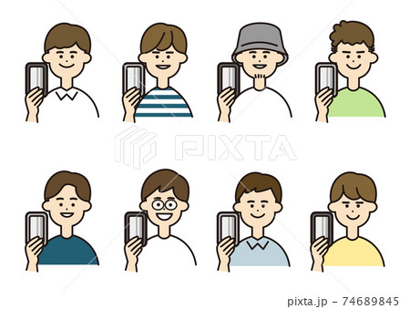 男性 携帯 バストアップ セットのイラスト素材