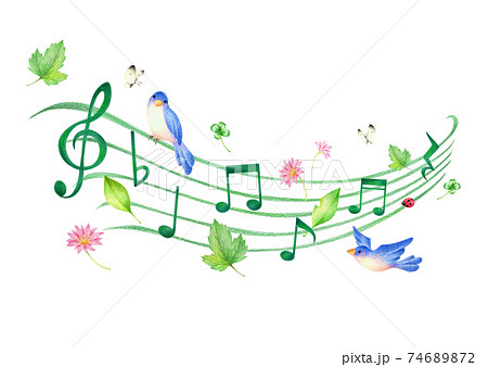 音符と緑の葉っぱと青い鳥の5線符のイラスト 春 手描き色鉛筆画のイラスト素材