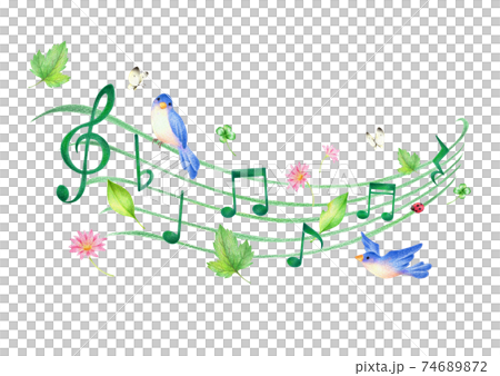 Illustration of musical notes, green leaves and five-lined blue bird (spring) Hand-painted colored pencil drawing 74689872