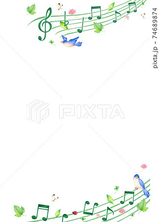 音符と緑の葉っぱと青い鳥の背景 春 手描き色鉛筆 縦のイラスト素材