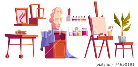 Artist studio stuff canvas on easel, paint, brush 74690191