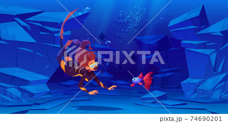 Woman scuba diver with mask look at cute fish 74690201