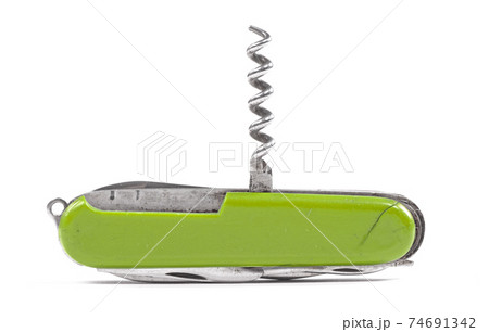 Close up of a broken multipurpose knife, isolated - Corkscrew Close up of a broken multipurpose knife, isolated - Corkscrew 74691342