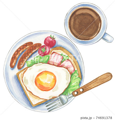 洋風の朝食 コーヒー付き【手描き水彩画】 洋風の朝食 コーヒー付き【手描き水彩画】 74691378