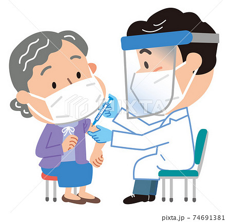 高齢女性に新型コロナのワクチンを注射する医師のイラストのイラスト素材