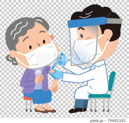高齢女性に新型コロナのワクチンを注射する医師のイラストのイラスト素材