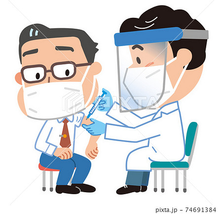 中年男性に新型コロナのワクチンを注射する医師のイラストのイラスト素材
