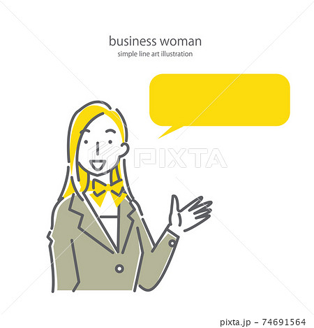スカーフをしたスーツのビジネスウーマンのシンプルでおしゃれな線画イラスト素材 74691564