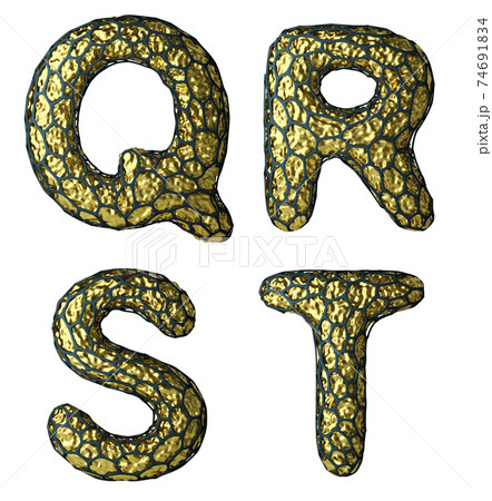 Realistic 3D letter set Q, R, S, T made of gold shining metal . Realistic 3D letter set Q, R, S, T made of gold shining metal . 74691834