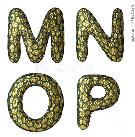 Realistic 3D letter set M, N, O, P made of gold shining metal . Realistic 3D letter set M, N, O, P made of gold shining metal . 74691835