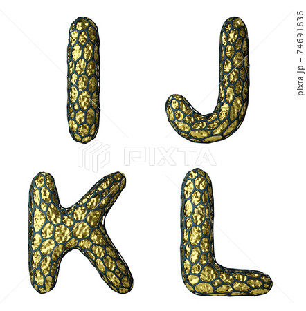 Realistic 3D letter set I, J, K, L made of gold shining metal . Realistic 3D letter set I, J, K, L made of gold shining metal . 74691836