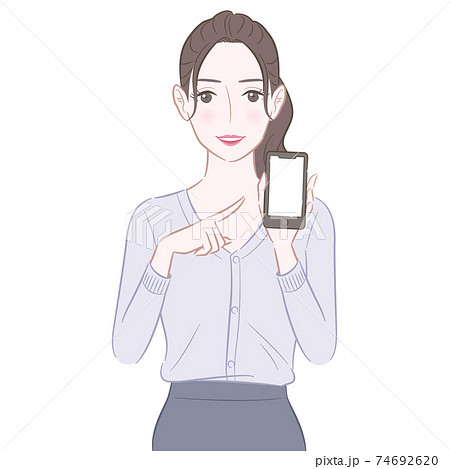 手に持つスマホを指差す女性のイラストのイラスト素材 手に持つスマホを指差す女性のイラストのイラスト素材