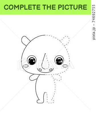 Complete drawn picture of cute rhino. Coloring book. Dot copy game. Handwriting practice, drawing skills training. Education developing printable worksheet. Activity page. Vector illustration. Complete drawn picture of cute rhino. Coloring book. Dot copy game. Handwriting practice, drawing skills training. Education developing printable worksheet. Activity page. Vector illustration. 74692755