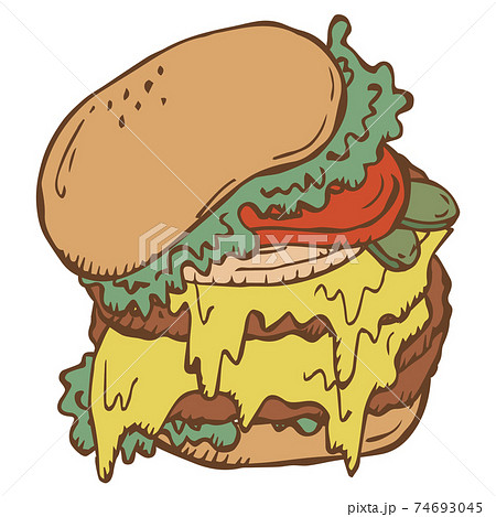 手描き万年筆画 彩色あり Food ハンバーガー単品 ダブルチーズバーガー のイラスト素材