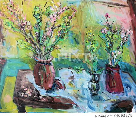 桜の花の油絵のイラスト素材