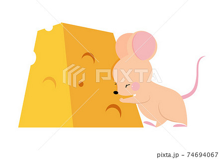 Cute Mouse with Pointed Snout and Rounded Ears Pushing Huge Slab of Cheese Vector Illustration 74694067
