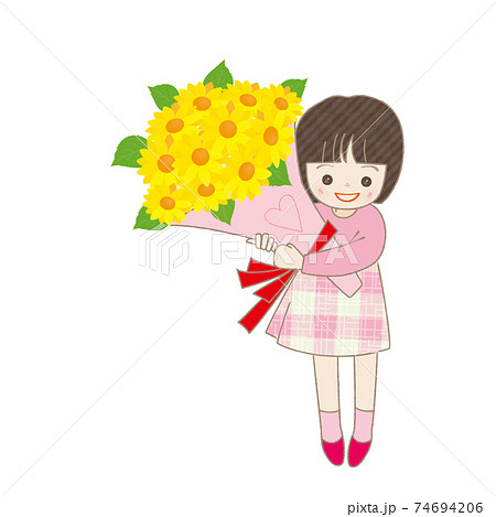 ひまわりの花束を持つ女の子 父の日のイラスト素材