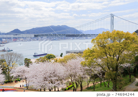 火の山公園トルコチューリップ園と関門橋 火の山公園トルコチューリップ園と関門橋 74694244