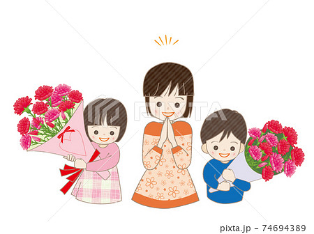 カーネーションの花束を持つ男の子 女の子 喜ぶ女性 母の日のイラスト素材