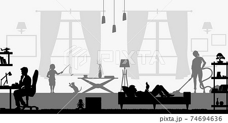 Black silhouette of family in living room. People at home. Domestic scene with daughter, son and parents. Husband and wife scenery. Flat interior 74694636