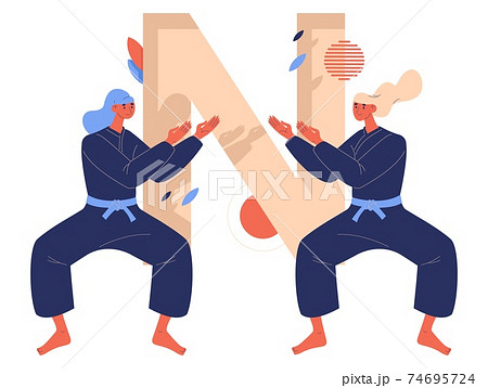 Ninjutsu women fighting. Large letter N on background. Japanese martial arts concept illustration 74695724