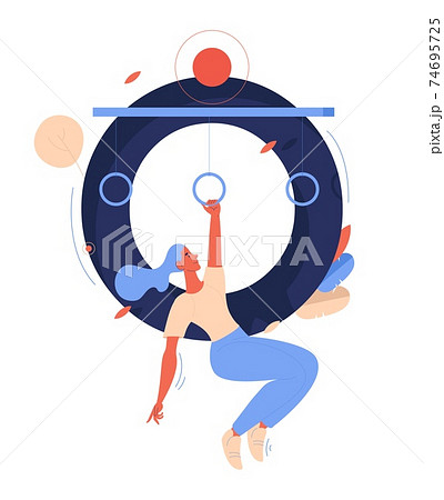 Woman hanging on gymnastics rings and capital letter O on background. Character while obstacle course racing isolated on white background 74695725