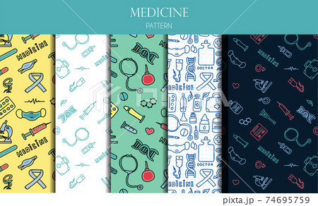 A set of medical seamless patterns. Medical doodle poster with medicines, test tubes and a thermometer. Big pharmacy set. Vector illustration card with hand-drawn pictures. 74695759