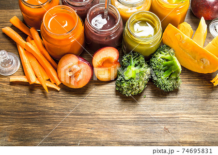 Baby food. Various purees of fruits and vegetables. Baby food. Various purees of fruits and vegetables. 74695831