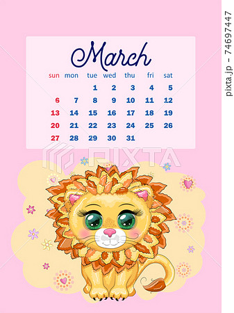 Calendar 2022 with cute cardboard animals for every month. Tiger, snow leopard, red panda, cat, hippo, owl, lion, hare, fox, hamster, cow. 74697447