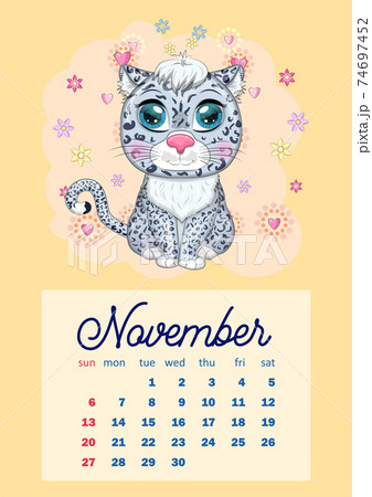 Calendar 2022 with cute cardboard animals for every month. Tiger, snow leopard, red panda, cat, hippo, owl, lion, hare, fox, hamster, cow. 74697452