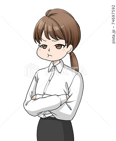 腕組みをして怒るワイシャツを着た茶色い髪の女性 のイラスト素材