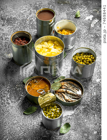 Various canned foods with meat, fish, vegetables and fruits in tin cans. 74698441