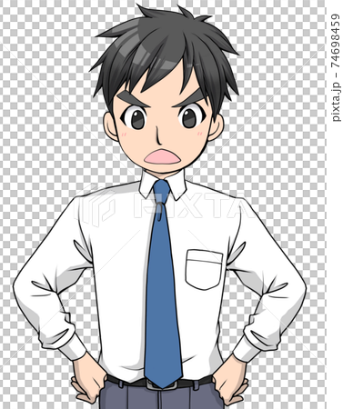 腰に手を当てて怒るワイシャツにネクタイをした男性 のイラスト素材