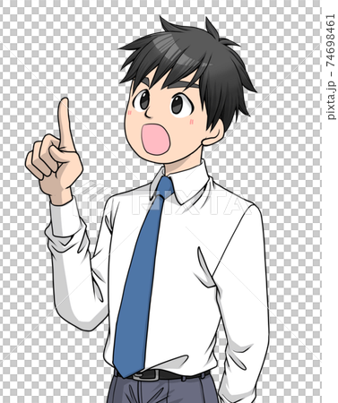 A man wearing a shirt and tie that raises his right finger and points upwards A man wearing a shirt and tie that raises his right finger and points upwards 74698461