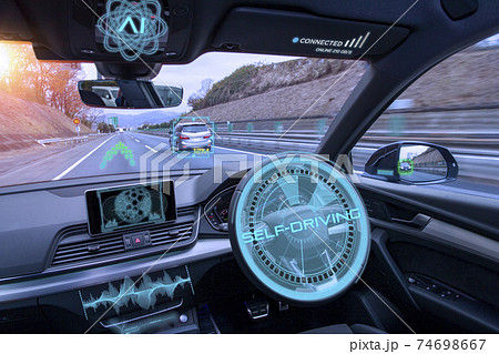 高速で走る自動運転の車 5gテクノローのイメージのイラスト素材
