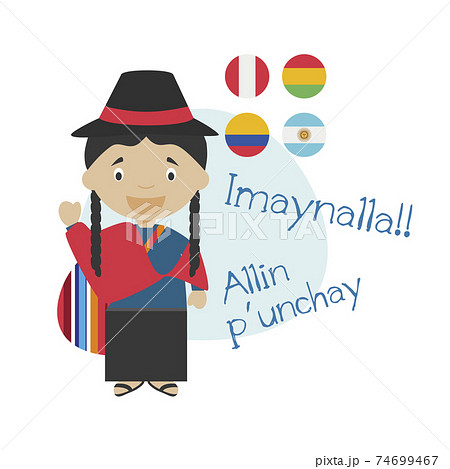 Vector illustration of cartoon character saying hello and welcome in Quechua 74699467