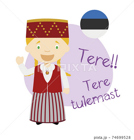 Vector illustration of cartoon character saying hello and welcome in Estonian 74699528
