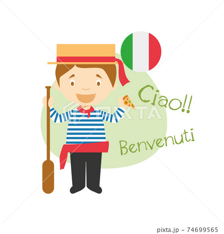 Vector illustration of cartoon characters saying hello and welcome in Italian 74699565