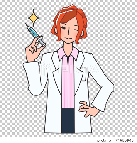 Illustration of a doctor in a white coat holding a syringe 74699946