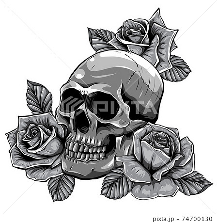 Monochromatic Skull With Flowers With Roses のイラスト素材
