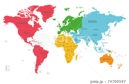 Political World Map vector illustration with different colors for each continent and isolated on white background. Editable and clearly labeled layers. 74700597